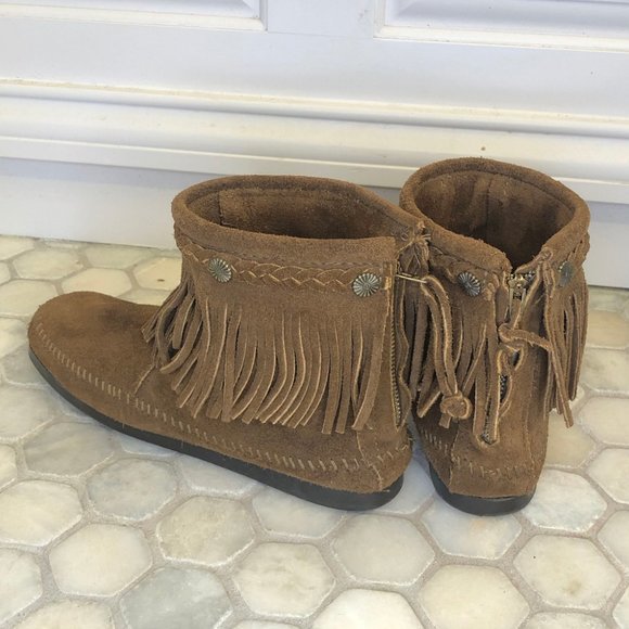 Minnetonka Cognac Fringe Ankle Boots - Picture 2 of 5